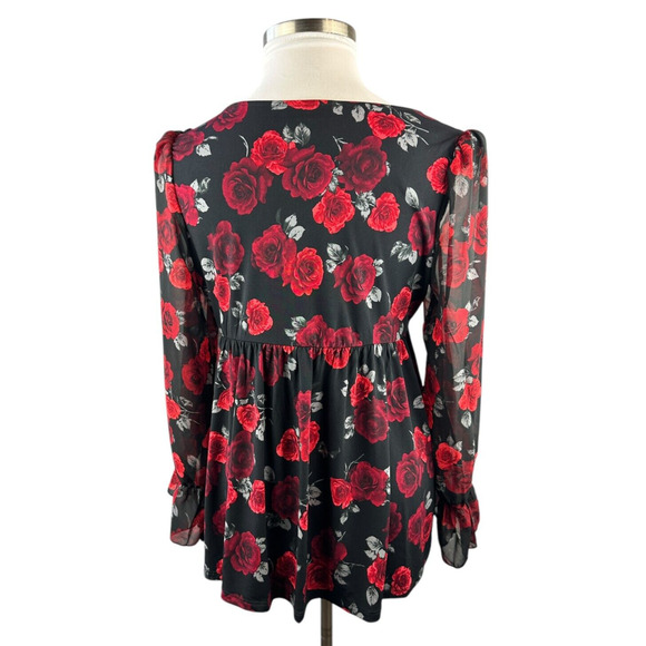 Torrid Rose Print V-Neck Blouse Sheer Ruffle Long Sleeve Top Plus Size 1 1X - Picture 9 of 15